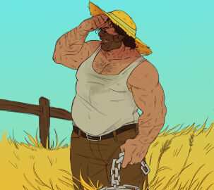 1boy bara bear body_hair chains chest_hair chubby chubby_male hat leatherface male male_focus male_only mask masked_male mozgistired outdoors outside scarred scarred_body scars solo solo_focus solo_male sweat sweat_stain sweaty tagme tank_top texas_chainsaw_massacre thomas_hewitt_(tcm) yaoi