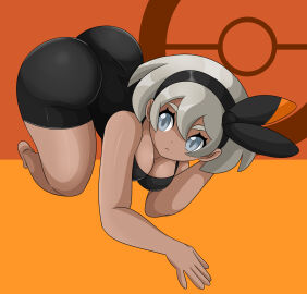 :< ass bea_(pokemon) big_ass dark-skinned_female dark_skin female female_focus female_only grey_hair human human_only nintendo pokemon pokemon_ss skin_tight solo solo_female sonson-sensei tagme tomboy