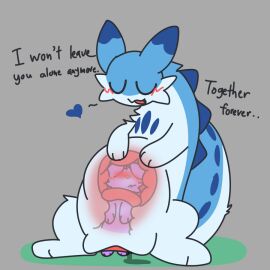 2024 almost_fully_inside ambiguous_gender ambiguous_prey anthro back_spikes blue_body blue_fur blue_heart blue_markings blush bodily_fluids cervical_penetration cheek_tuft chillet closed_eyes countershade_torso countershading dialogue digital_media_(artwork) dipstick_ears domestic_cat duo ear_markings english_text facial_tuft felid feline felis female female_pred feral flufpan fur genital_fluids hand_on_belly heart_symbol larger_pred long_body mammal markings multicolored_ears mustelid open_mouth pal_(species) palworld penetration pocketpair pussy romantic simple_background sitting size_difference smaller_anthro smaller_prey spikes spikes_(anatomy) tail text tuft unbirthing vaginal_fluids vaginal_penetration vore white_body white_fur