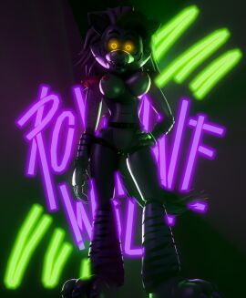 3d 4k animatronic bedroom_eyes claws disboi215 facepaint female five_nights_at_freddy's five_nights_at_freddy's:_security_breach fnaf glowing_eyes green_claws green_hair grey_body grey_hair hand_on_hip highres hourglass_figure lipstick looking_at_viewer looking_down looking_down_at_viewer neon neon_lights pink_nipples purple_lipstick red_shoulder_pads robot roxanne_wolf_(fnaf) sfm sharp_claws sharp_teeth shiny_body shoulder_pads silver_body silver_hair solo source_filmmaker wolf wolf_ears wolf_girl wolf_tail yellow_eyes