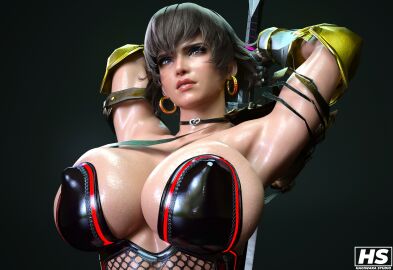 1girls 3d armored_gloves big_breasts breasts brown_hair capcom female female_only fiorayne hagiwara_studio high_resolution highres monster_hunter monster_hunter_rise muscular muscular_female purple_eyes short_hair solo sword tagme wet_skin