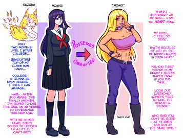 before_and_after bimbofication blonde_hair blue_eyes breast_expansion breast_growth breast_growth_(enlargement) breasts corruption english_text fanterfane female femsub fox_girl ghost makeup midriff nail_polish original possession punk purple_hair red_eyes text