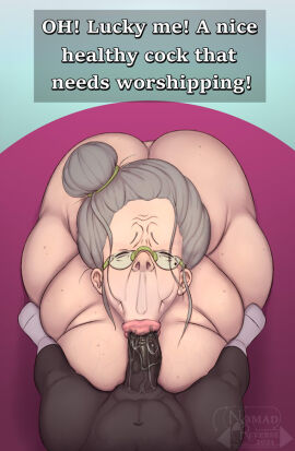 :>= age_difference ass big_ass big_breasts blowjob breasts dark-skinned_male dark_skin dialogue english_text fellatio female gilf glasses granny grey_hair interracial kindness kneeling large_breasts male messy_hair nomad_reverse older_female on_knees original original_character penis pov pov_male socks text veiny_breasts veiny_penis wet wide_hips