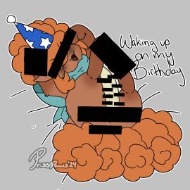 absurd_res afro birthday brown_body brown_fur censor_bar censored clothing female feral feral_only fur generation_1_pokemon hair hat headgear headwear hi_res nintendo orange_hair party_hat pokemon pokemon_(species) prisspaws ribbons solo vuloo_(prisspaws) vulpix