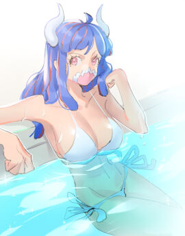 1girls alternate_costume bare_arms bare_legs bare_shoulders bare_thighs big_breasts bikini bikini_bottom bikini_top blue-haired_female blue_hair breasts clothed clothing color female female_focus female_only hi_res horns large_breasts light-skinned_female light_skin long_hair looking_at_viewer mask multicolored_hair one_piece pink_eyes raine_(acke2445) shounen_jump solo solo_female tagme thick_thighs ulti_(one_piece) water wet