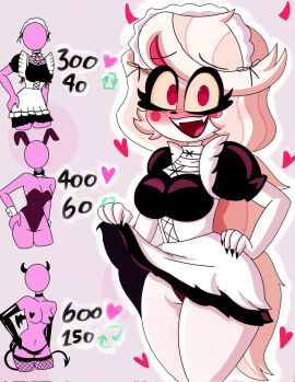 blond blonde_hair blush blushing_at_viewer blushing_female charlie_morningstar_(hazbin_hotel) female hazbin_hotel maid maid_outfit maid_uniform strip_game the_titan_draw thick_thighs undressing