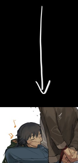 1boy absurdres arrow_(symbol) black_background black_hair blue_pants bound bound_wrists brown_jacket clenched_hands closed_eyes copyright_request couple doya erection eyelashes female femdom flying_sweatdrops fusaishi_haruaki green_jacket highres jacket kissing_penis male musical_note pants penis raging_loop red_rope rope serizawa_chiemi shirt sitting split_screen squatting straight twitching unzipped white_background white_shirt