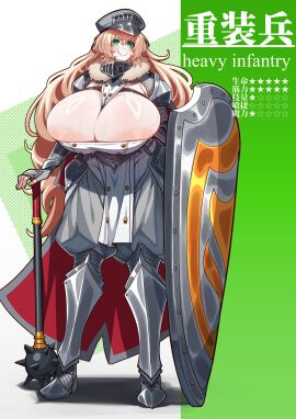 1girls 2024 :> absurd_res areola_slip areolae armor armor_boots armored_boots blonde_hair blunt_weapon blush boots breasts cape character_profile cleavage cuisses defeated_warrior_(konoshige) ditzy eyebrows_visible_through_hair fangs female female_only female_warrior fingerless_gloves front_view full_armor full_body gauntlet gigantic_breasts gloves greaves green_eyes hair_between_eyes happy hat headwear heavy_infantry_(konoshige) helmet highres holding_mace holding_weapon japanese_text konoshige_(ryuun) large_areolae large_shield long_hair looking_at_viewer mace mace_(weapon) melee_weapon mouth_closed original overflowing_breasts pavise_shield peaked_cap pelvic_curtain planted_shield rerebrace ryuun_(stiil) shield shoulder_pads simple_background skin_fang skindentation smile smiling solo spiked_mace standing star stats teeth text thick_eyebrows translated unconvincing_armor vambraces veiny_breasts very_long_hair visor_(armor) warrior weapon