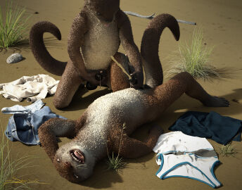 3d anthro bodily_fluids clothes_on_ground clothing clothing_aside digital_media_(artwork) dripping duo ejaculation genital_fluids handjob kneeling looking_pleasured lying male male/male mammal masturbation mustelid on_back open_mouth otter outside penile penile_masturbation penis precum precum_drip sand sex sherwood signature