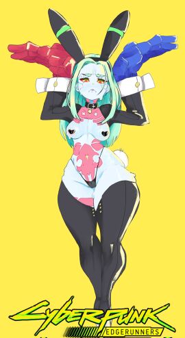 aqua_hair areolae artist_name bikini bikini_bottom black_jacket blue_skin breasts bunny_ears bunnysuit cleavage closed_mouth clothing colored_sclera colored_skin curvaceous cybernetic_eye cybernetic_limb cybernetic_parts cybernetics cyberpunk cyberpunk:_edgerunners cyberpunk_(series) cyberpunk_2077 exposed_breasts exposed_chest exposed_nipples female full_cleavage functionally_nude furrowed_eyebrows gluteal_fold grabbing_ears green_bikini green_pupils green_swimsuit hand_on_hip headwear jacket large_breasts leg_tattoo long_hair long_sleeves looking_at_viewer mechanical_arms medium_breasts meweeze navel neck_tattoo nervous nervous_face nipples no_bra nude_filter open_clothes open_jacket orange_sclera prosthetic_hand puffy_areolae puffy_long_sleeves puffy_sleeves rebecca_(edgerunners) revision seductive seductive_body seductive_look seductive_pose seductive_woman side-tie_bikini_bottom side-tie_clothing side-tie_swimsuit simple_background slight_frown solo standing stomach stomach_tattoo swimsuit tattoo thick_thighs thigh_gap thighs third-party_edit thong tied_hair toned topless twintails voluptuous white_background wide_hips