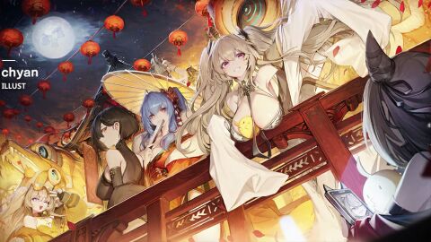 5girls 6+girls anchorage_(azur_lane) azur_lane bache_(azur_lane) baltimore_(azur_lane) bare_shoulders between_breasts big_breasts black_hair blonde_hair blue_eyes blue_hair breasts cellphone chinese_clothes chyan cleavage copyright_name dress eagle_union_(azur_lane) eyewear_on_head female flower full_moon gloves grey_hair group hair_ornament hat holding holding_umbrella horns jacket japanese_clothes laffey_(azur_lane) lantern large_breasts light-skinned_female light_skin long_hair looking_at_viewer moon multiple_females multiple_girls night off_shoulder official_alternate_costume official_art oil_paper_umbrella open_mouth outdoors paper_lantern phone purple_eyes red_eyes san_francisco_(azur_lane) short_hair sky smartphone smile st._louis_(azur_lane) st._louis_(spirits_in_the_snow)_(azur_lane) twintails umbrella very_long_sleeves wide_sleeves yellow_jacket