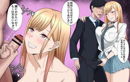 1boy age_difference bar_censor barbell_piercing black_choker black_jacket black_pants blonde_hair blue_necktie blush breasts bulge censored choker collarbone commentary_request crotch_grab editorsakura faceless faceless_male female grin highres imminent_ejaculation imminent_facial jacket kitagawa_marin large_breasts looking_at_another looking_up male_masturbation masturbation miniskirt mosaic_censoring motion_lines necktie netorare pants piercing pink_eyes salaryman shirt skirt smile sono_bisque_doll_wa_koi_wo_suru speech_bubble straight white_shirt