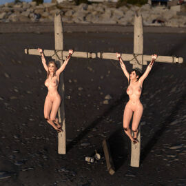 2girls 3d aerith_gainsborough black_hair blonde_hair crown_of_thorns crucifixion female final_fantasy final_fantasy_vii hlt1w nude nude_female running_mascara runny_makeup tifa_lockhart