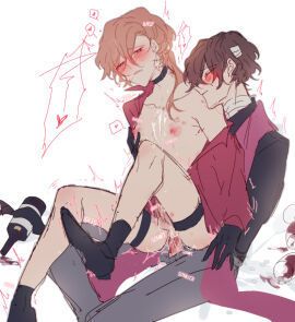 anal anal_sex bite_mark blush bungo_stray_dogs chuuya_nakahara colored cum dazai_osamu drunk drunk_sex feminine fully_clothed heart-shaped_pupils hickey male male_only mostly_nude penis riding_penis skinny yaoi