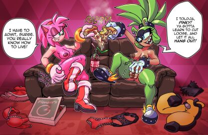 2girls amy_rose anus bra breasts butt_scratch casual clothes_on_floor couch dialogue dress drink exposed_torso female food footwear hairy_pussy handwear itching mostly_nude multiple_females multiple_girls naked_footwear nudist panties pants pineapple_on_pizza?! pizza pussy scratching sega shirt soda sonic_(series) sonic_the_hedgehog_(comics) speech_bubble surge_the_tenrec yellowjackinit