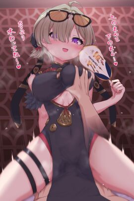 1boy absurdres ahoge black_dress blush breasts brown_hair china_dress chinese_clothes cleavage cleavage_cutout clothed_sex clothing_cutout cowgirl_position dress eyewear_on_head female grabbing_another's_breast groping hand_fan highres holding holding_fan large_breasts looking_at_viewer male open_mouth pelvic_curtain pov purple_eyes see-through_clothes see-through_dress sex sleeveless sleeveless_dress smile solo_focus straddling straight sweat sweety_(zenless_zone_zero) thighs translation_request yoiichi_ryinge zenless_zone_zero