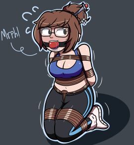 alsonombette ball_gag blizzard_entertainment bondage bound cleavage damsel_in_distress female female_only femsub gag glasses mei_(overwatch) mei_ling_zhou overwatch overwatch_2 rope_bondage tied_up