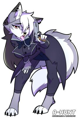 1girls a-hunt ahunt ahuntarts anthro big_breasts blue_eyes breasts chloe clothed clothing coat ear feet female female_only fluffy_tail furry furry_female furry_only grey_fur grey_hair gun legs long_hair looking_at_viewer nails oc original_character piercing red_eyes saliva sfw solo solo_female solo_focus tail thick_thighs thighs tongue tongue_out white_background