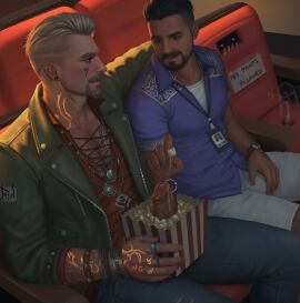 2boys absurdres artist_logo artist_name beard black_hair black_pants blonde_hair body_hair body_markings bracelet closed_mouth collared_shirt commission dead_by_daylight erection facial_hair food foreskin foreskin_folds gay goatee green_jacket hairy hairy_male highres human indoors jacket jewelry jonah_vasquez large_pectorals looking_at_another male male/male male_only masculine_male mature_male multiple_rings muscular muscular_male mustache open_clothes open_jacket pants pectorals penis penis_out penis_piercing phindraws popcorn prince_albert_piercing purple_shirt red_shirt retracted_foreskin ring shirt short_hair shorts smile uncircumcised uncut veiny_penis vittorio_toscano white_shorts