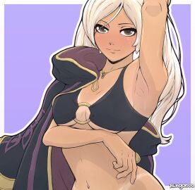 1girls accessory alternate_costume arm_under_breasts arm_up armpit_fetish armpits bare_midriff bedroom_eyes bikini bikini_top black_bikini black_swimsuit bottomless breasts brown_eyes coat female female_only fire_emblem fire_emblem_awakening fire_emblem_heroes long_hair looking_at_viewer medium_breasts midriff navel necklace nintendo o-ring o-ring_bikini official_alternate_costume pose purple_background rengaboo robin_(fire_emblem) robin_(fire_emblem)_(female) seductive smile solo swimsuit tan_body tanline teasing twintails underboob undressing untied untied_bikini upper_body white_hair