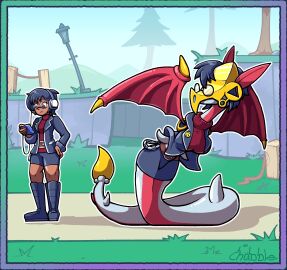 alternate_version_available blue_hair cassette_beasts cassette_player chabble female glasses jormungold mask masked meredith_(cassette_beasts) no_arms no_eyes snake snake_girl transformation winged_snake wings