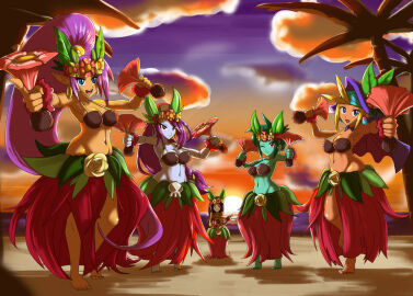bare_arms bare_legs bare_midriff bare_shoulders barefoot belly_button black_hair blonde_hair blue_earrings blue_headwear bracelet clouds coconut coconut_bra covered_hair dancer dancer_outfit dancing earrings female female_only flower_bracelet flower_crown flower_on_head gold_earrings gpwlghr123 grass_skirt green_body green_eyes green_skin headscarf hoop_earrings hula_dancer hula_skirt island islander leaves leaves_in_hair light-skinned_female light_skin long_hair long_ponytail midriff multiple_females multiple_girls navel npc pale-skinned_female pale_skin pink_earrings pointy_ears ponytail purple_hair purple_headwear red_skirt risky_boots rottytops seaside shantae shantae_(character) shantae_and_the_seven_sirens short_hair skull skull_head sky_(shantae) sunset tan-skinned_female tan_fur tropical tropical_background ukulele