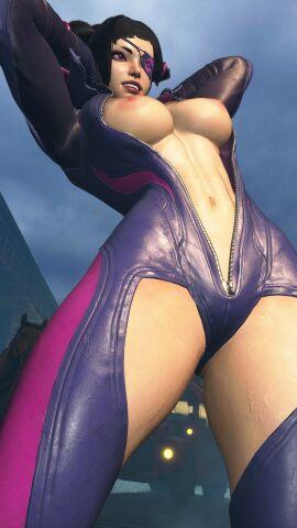 1girls 3d 3d_(artwork) alternate_breast_size big_breasts bodysuit breasts female juri_han low-angle_view mod nipples sf_screenshot street_fighter street_fighter_6 topless