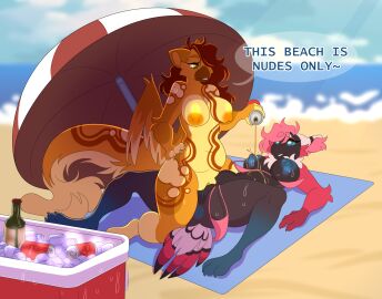 anthro anus avian beach beach_towel beak beverage big_breasts bikini bikini_bottom bikini_removed bikini_top bird breasts cheek_tuft clothing cooler curvy_figure dominant dominant_female duo eyelashes facial_tuft feathered_wings feathers female female/female genitals gryphon hair hand_on_hip hi_res honey_(drignov) huge_breasts ice inner_ear_fluff kneeling long_hair looking_at_another lying mythological_avian mythological_creature mythology nipples on_back on_top pepper_(drignov) pilvi_owo pouring_liquid pouring_on_breasts pussy sex short_hair slightly_chubby slightly_chubby_female smile speech_bubble swimwear tail tail_feathers text thick_thighs topwear towel tribadism tuft two-piece_swimsuit umbrella vaginal_penetration voluptuous voluptuous_female wide_hips wings