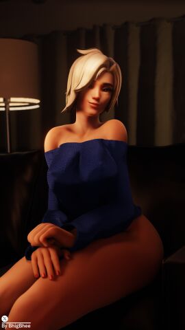 1girls 3d bhigbhee blonde_hair blue_eyes breasts female female_only hi_res highres large_breasts light-skinned_female light_skin looking_at_viewer makeup medium_hair mercy nipple_bulge overwatch overwatch_2 shoulders sitting smile solo sweater thick_thighs thighs watermark