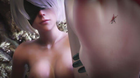 1boy 1girls 3d android android_girl female female_focus krieginax male naked naked_female nier nier:_automata nier_(series) nude nude_female robot robot_girl robot_humanoid short_hair shrunk shrunken_male video_game_character white_hair yorha_2b