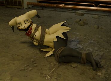 ankles_tied anthro arms_tied ball_gag basement bondage bound breasts collar demon female gag gagged generation_7_pokemon ghost hands_behind_back heartbrkrskully hi_res humanoid kidnapping legs_tied looking_up lying mimi_(sealer4258) mimikyu nintendo on_side pokemon pokemon_(species) restraints rope rope_bondage scared solo spirit