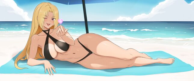 1girls 2d beach belly bikini black_bikini blanket blonde_female blonde_hair breasts clouds female female_only heart heart_symbol jujutsu_kaisen large_breasts light-skinned_female light_skin long_hair looking_at_viewer navel outside pinup pose sand shade slim_waist solo suggestive_gesture swimsuit swimwear thighs tongue tongue_out umbrella water wide_hips wink winking winking_at_viewer yuki_tsukumo