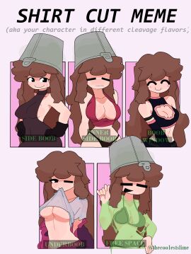 1girls blush boob_window bra breasts brown_hair bucket bucket_girl_(thecoo1estslime) bucket_hat closed_eyes clothed clothed_female clothing dress female inner_sideboob long_hair medium_breasts meme meme_clothing shirt shirt_cut_meme shirt_lift shirt_up sideboob slime small_breasts smile smiling teenager thecoo1estslime thick_thighs thighs topwear underboob