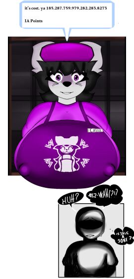 1boy 1girls anthro big_breasts breasts cassiebucks clothed clothing female furry hat item_asylum male nipples_visible_through_clothing panicking questioning roblox roblox_game robloxian sad smaller_male sweating talking text whiskers white_fur