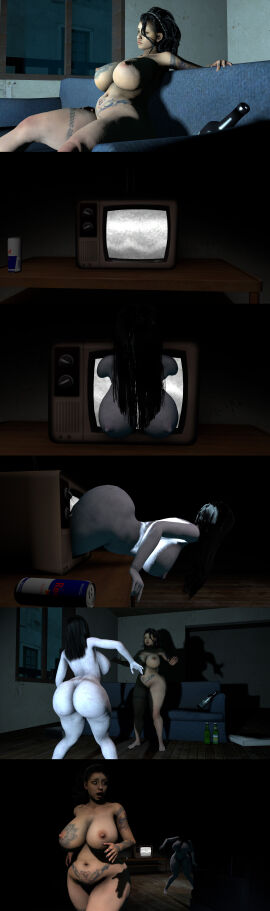 2girls 3d 3d_(artwork) areolae ass barefoot big_ass big_breasts breasts capcom comic coming_out_of_tv completely_nude crossover devil_may_cry devil_may_cry_5 female female_only full_body horror jnuff light-skinned_female light_skin naked naked_female nicoletta_goldstein nipples nude nude_female pale-skinned_female pale_skin running_away scared sitting standing the_ring tv yamamura_sadako