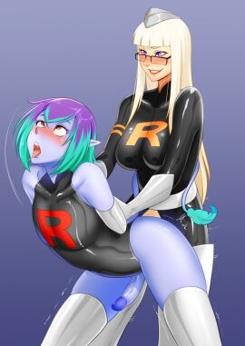1girls ahe_gao arms_behind_back bare_shoulders blonde_hair blue_skin blush demon erection female femboy femdom glasses green_hair hands_behind_back holding_arms_back indie_virtual_youtuber jaclyn_(corruptionprincess) latex latex_clothing latex_thighhighs male mimcubus oo_sebastian_oo original pegging pointy_ears purple_hair strap-on strapon succubus team_rocket_uniform two-tone_hair virtual_youtuber