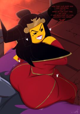 1boy 1girls ass ass_focus ass_in_dress big_ass black_hair bubble_ass bubble_butt demon_bull_king dialogue dress fat_ass female huge_ass large_ass larger_male lego lego_monkie_kid male massive_ass noseless princess_iron_fan purple_skin sitting sitting_on_lap size_difference teasing text thick_ass thick_thighs wide_hips yamathegod yellow_skin