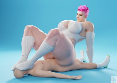 1boy 1girls 3d arm_gloves arm_support blue_background breasts feet feet_on_face feet_together female femdom green_eyes knees_apart large_breasts leaning_back legs lips looking_down male muscles muscular muscular_female no_shoes nose one-piece_swimsuit overwatch pink_hair sandreiio short_hair sitting_on_person straight swimsuit thick_thighs white_gloves white_socks white_swimsuit zarya
