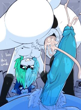 absurd_res aimpunch anthro anus ass azura_(aimpunch) balls bat big_penis black_body black_fur blue_body blue_fur blue_hair bodily_fluids cross-eyed cum cum_in_pussy cum_inside cumshot cuntboy cuntboy/male dialogue drakon_(aimpunch) duo ear_piercing ear_ring ejaculation english_text erection facial_markings fangs foreskin fur genital_fluids genitals green_hair hair half-closed_eyes head_markings heart_symbol hi_res huge_cock humanoid_genitalia humanoid_penis humanoid_pussy intersex intersex/male male mammal markings mask_(marking) multicolored_hair narrowed_eyes open_mouth open_smile orgasm penis piercing procyonid pubes pull_out pussy raccoon ring_piercing smile smirk smug smug_face smug_grin teeth text two-tone_hair uncircumcised vein veiny_penis white_body white_fur