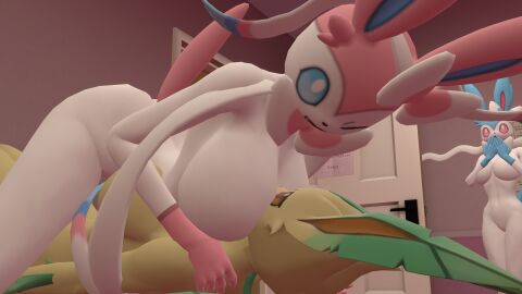 3d 3girls dnrud12 eeveelution female leafeon nintendo pokemon pokemon_(species) pokémon_(species) sylveon