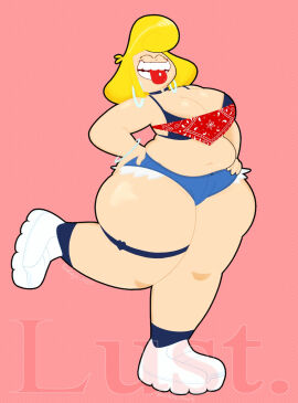 1girls 2025 2d_(artwork) bandana bikini bikini_top black_bikini_top blonde-haired_female booty_shorts bracelet chubby_female closed_eyes collar digital_media_(artwork) earrings female female_only frostingxtract leg_band light-skinned_female light_skin long-haired_female lust_(xtremersadiq) original_character red_bandana shorts sneakers solo_female teeth tongue tongue_out tongue_piercing xtremersadiq