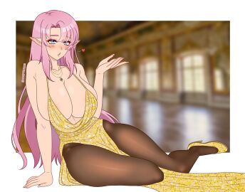 1girls areola_slip arm_support artist_name big_breasts blowing_kiss blue_eyes blush breasts busty cleavage dress elf feet female gold_dress heart high_heels highres jewelry large_breasts legs necklace original parted_lips pelvic_curtain pink_lips pointy_ears sensual sitting solo thighs voluptuous