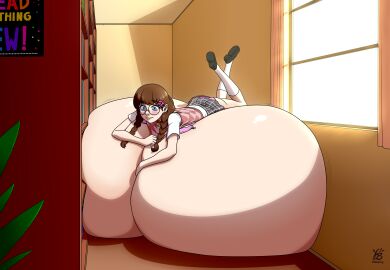 1girls blue_eyes braided_hair breast_expansion breast_growth breast_growth_(enlargement) breasts breasts_bigger_than_body breasts_bigger_than_head breasts_bigger_than_torso breasts_on_floor breasts_out brown_hair casual female glasses hyper hyper_breasts library massive_breasts self_lying ydbunny