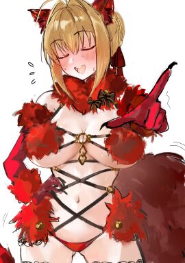 absurdres ahoge animal_ears bare_shoulders blonde_hair blush breasts cleavage closed_eyes cosplay fate/grand_order fate_(series) female fur-trimmed_gloves fur_collar fur_trim gloves hair_intakes highres lace lace-trimmed_thighhighs lace_trim large_breasts mash_kyrielight mash_kyrielight_(dangerous_beast) mash_kyrielight_(dangerous_beast)_(cosplay) medium_hair navel nero_claudius_(fate) o-ring open_mouth smile solo tail thighhighs wolf_ears wolf_tail yotsutsu428