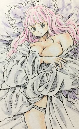 bare_legs bare_shoulders bed black_eyes breasts covering_breasts covering_privates drill_hair female female_only highres large_breasts long_hair looking_at_viewer on_bed one_piece panties panties_only perona pink-haired_female pink_hair puipui shiny_skin traditional_media underwear very_long_hair white_panties
