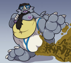 3_toes anthro balls balls_outline barefoot beard belly big_bulge big_feet big_toes bottomwear bulge claws clothing detailed_bulge facial_hair fart fart_cloud fart_fetish feet foot_focus generation_1_pokemon genital_outline hair male moobs navel nintendo nipples non-mammal_nipples onomatopoeia overweight overweight_anthro overweight_male penis penis_outline pokemon pokemon_(species) rhydon simple_background smelly solo sound_effects stink_fumes tail text toe_claws toes underwear yowesephth