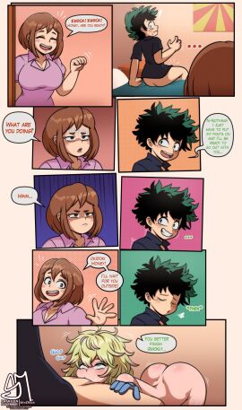 1boy 2girls almost_caught brown-haired_female brown_hair caught_cheating cheating cheating_boyfriend comic cuckquean dialogue english_text fellatio female green-haired_female green-haired_male green_hair izuku_midoriya male male/female my_hero_academia netorare ochako_uraraka reverse_netorare semidraws speech_bubble straight tooru_hagakure tooru_hagakure_(invisible) tooru_hagakure_(visible)
