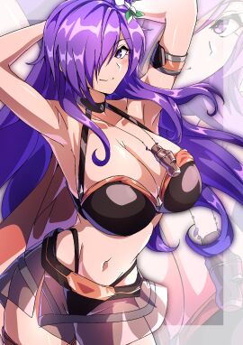 1girls arms_behind_head arms_up bikini breasts cleavage female fire_emblem fire_emblem_heroes fire_emblem_warriors:_three_hopes flower flower_in_hair hair_over_one_eye large_breasts looking_at_viewer nintendo purple_eyes purple_hair shez_(fire_emblem) shez_(fire_emblem)_(female) swimsuit to_(tototo_tk)