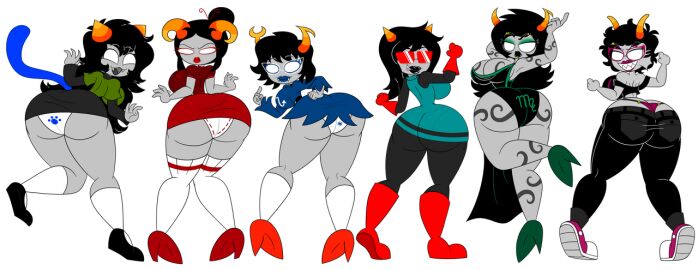 6girls aranea_serket armpits ass_crack ass_crack_outline back_view big_ass big_breasts black_hair breasts bubble_butt clothing cloudcyanide damara_megido female grey_skin homestuck horns latula_pyrope looking_at_viewer meenah_peixes meulin_leijon panties porrim_maryam print_panties source_request thick thick_thighs troll_(homestuck)