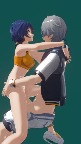 1boy 1girls 3d 3d_(artwork) alternate_costume belle_(summer_skies)_(zenless_zone_zero) belle_(zenless_zone_zero) big_penis blue_hair bottomless breasts brother brother_and_sister dark_blue_hair female grey_hair highres hoyoverse incest kawawa76 large_penis light-skinned_female light-skinned_male light_skin male medium_breasts official_alternate_costume older_brother open_mouth pants_down penis penis_out pussy short_hair siblings simple_background swimwear vaginal_penetration wise_(peaceful_waves)_(zenless_zone_zero) wise_(zenless_zone_zero) younger_sister zenless_zone_zero